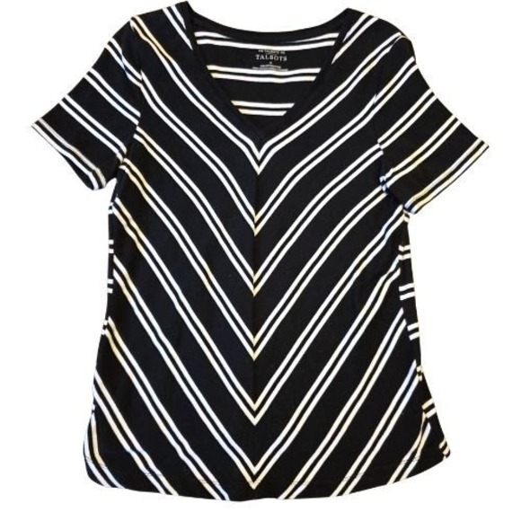 Talbots Tops - Talbots 100% Cotton M Black White Chevron Stripe V-Neck Short Sleeve Career Top